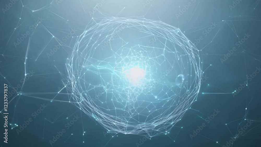Poster slow 360-degree video reveals a delicate, web-like neural network softly illuminated within a hazy a