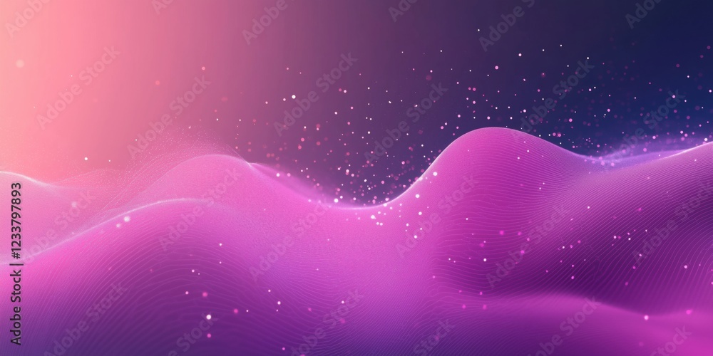 Poster abstract digital landscape with flowing pink waves and sparkling particles, creating a dreamy and et
