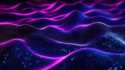 Fototapeta premium Abstract neon waves, digital landscape, particle background, tech design