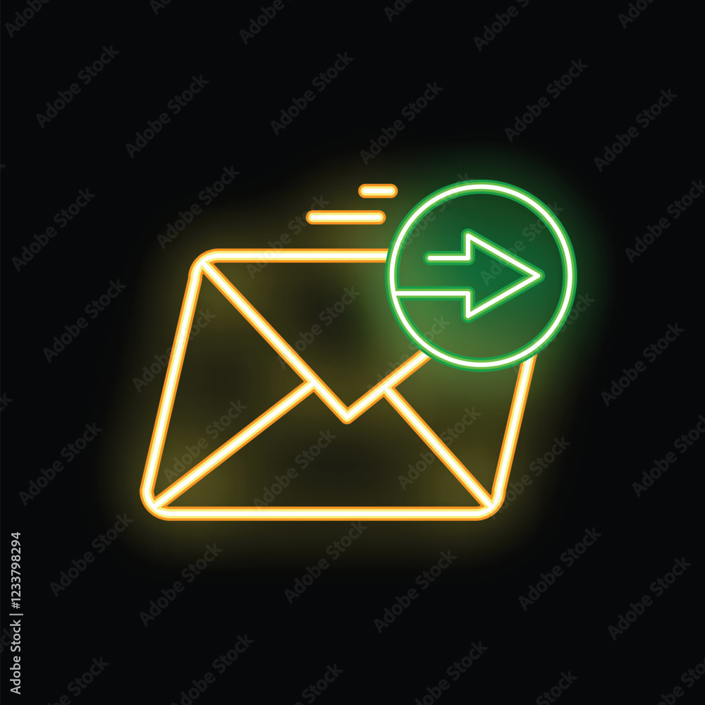 Poster green and yellow neon icon of an envelope sending an email message with an arrow sign