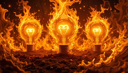Three light bulbs engulfed in flames, symbolizing intense ideas.