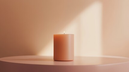 A simple, unlit peach fuzz color candle set against a minimal background.