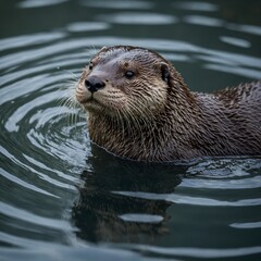 Obraz premium A playful otter floating on its back in a clear stream.A sea otter floating on its back with a shell in its paws, surrounded by kelp. A river otter catching a fish near the surface of a tranquil 