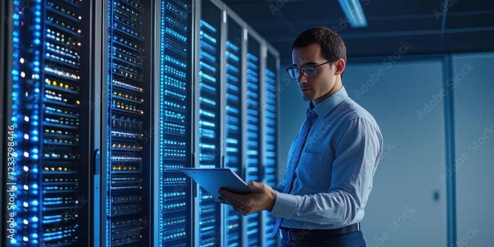 Poster data center technician monitoring server performance with tablet in modern server room, illuminated 