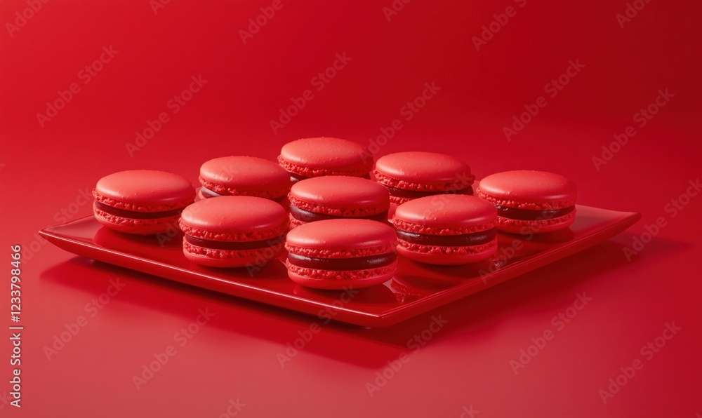 Poster red macarons arranged on a vibrant red plate, showcasing a delightful dessert experience with a mono