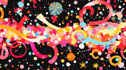 Colorful Confetti and Streamers on a Black Backdrop Creates Festive and Abstract Design
