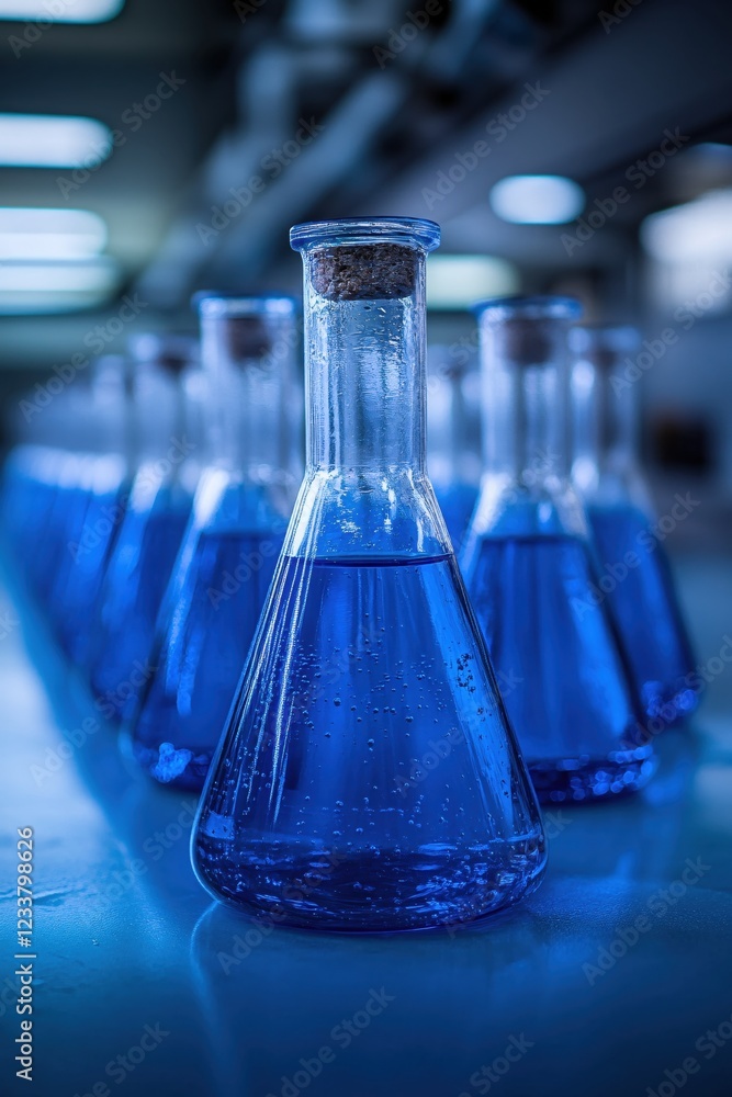 Poster row of glass flasks filled with blue liquid on a laboratory table in a science setting
