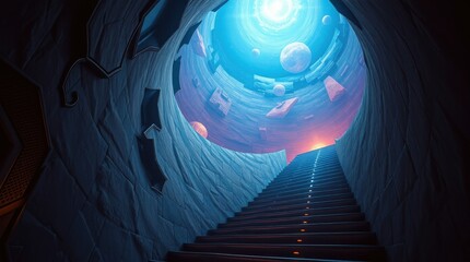 a big tunnel and blue sky glowing on top, a tunnel stairs and a glowing divine light