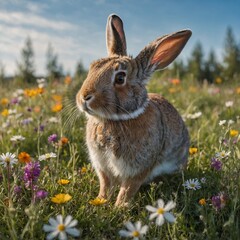 Fototapeta premium A rabbit in a quaint, small cage in a peaceful meadow filled with vibrant wildflowers. a rabbit that is sitting in the grass with flowers Amidst field of daisies, rabbit sits, bathed in warm glow of 