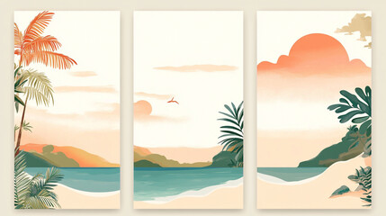 Obraz premium Tropical Beach Scene Illustrations With Palm Trees, Ocean, and Mountains, Summer concept background