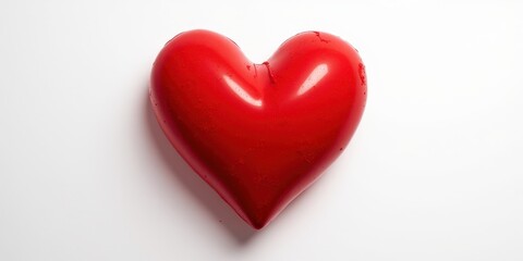 Fototapeta premium Glossy red heart rests delicately on pristine white, its smooth, sleek surface captivating attention with its flawless contours and sharp-pointed tip