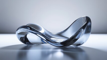 A sleek 3D render of an abstract glass shape featuring smooth, translucent surfaces and elegant curves.