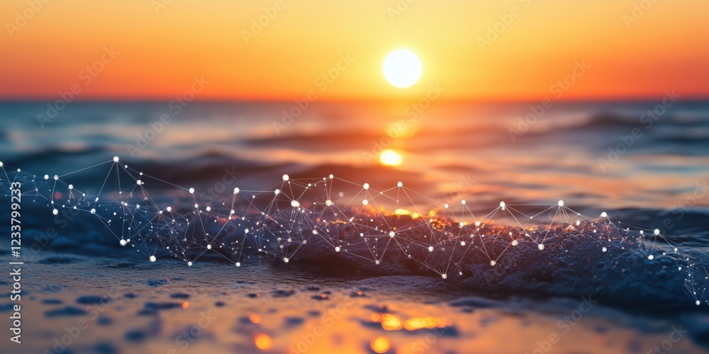 Poster sunset over ocean waves with abstract network connections symbolizing technology and nature integrat