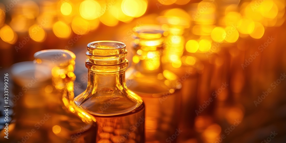 Poster glowing amber glass bottles illuminated by warm light, showcasing intricate details and reflections,
