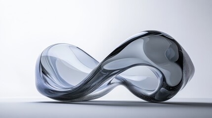 A sleek 3D render of an abstract glass shape featuring smooth, translucent surfaces and elegant curves.
