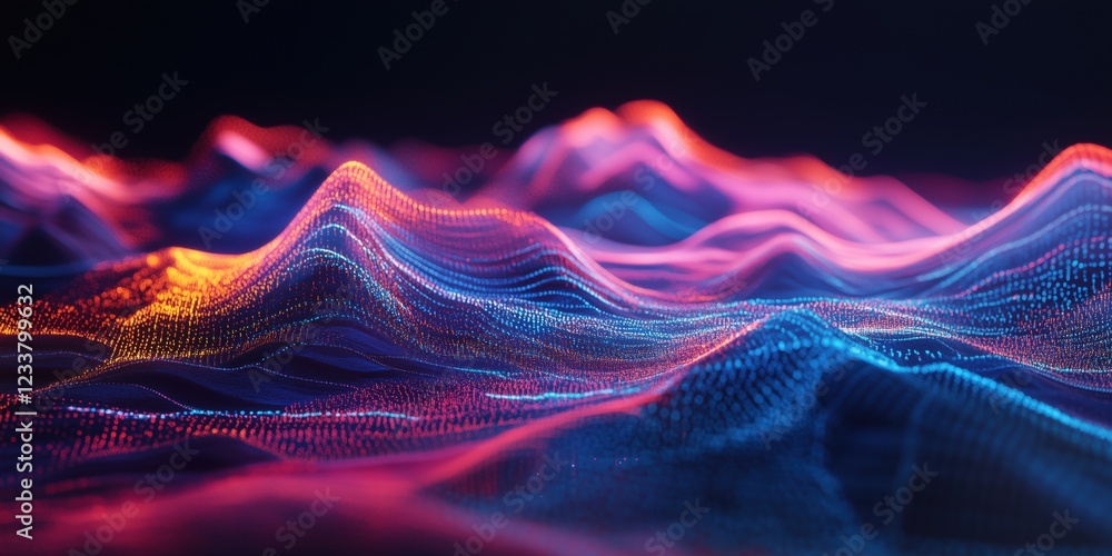 Poster vibrant digital landscape with colorful waves and light patterns, abstract representation of data vi