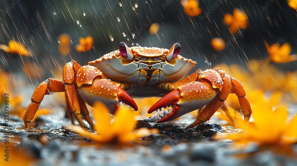 Poster striking image of a red crab captured in high resolution with intricate textures illuminated softly 
