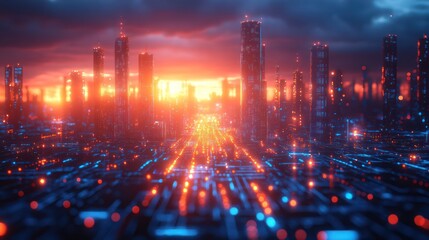 Fototapeta premium Futuristic Cityscape at Sunset: A Digital Metropolis