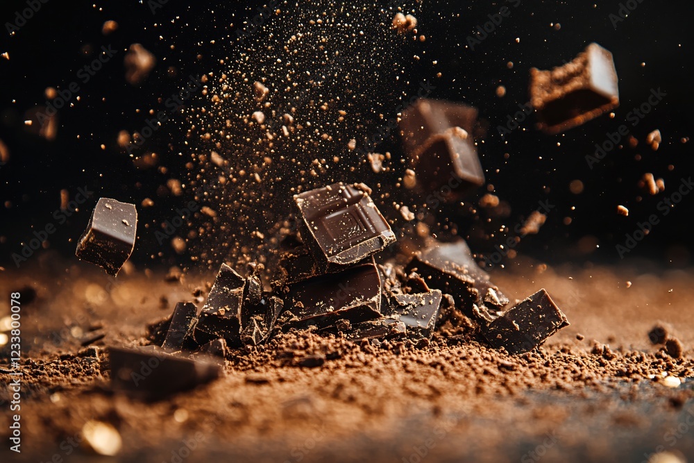 Poster chocolate pieces and powder explosion on dark surface in motion with dynamic splash effect