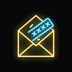 Yellow neon envelope containing blue neon password protected document shining on black background