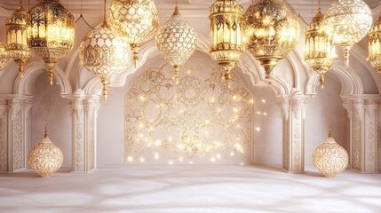 Luxurious Arabian background with ornate lanterns in white and gold
