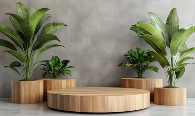 Modern interior design featuring lush green plants in wooden planters, circular wooden table, minimalist aesthetic, contemporary decor