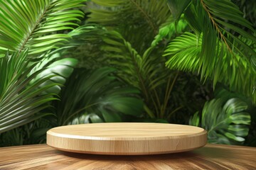 Obraz premium Lush Green Background with Wooden Pedestal Ideal for Showcasing Natural Products or Decor