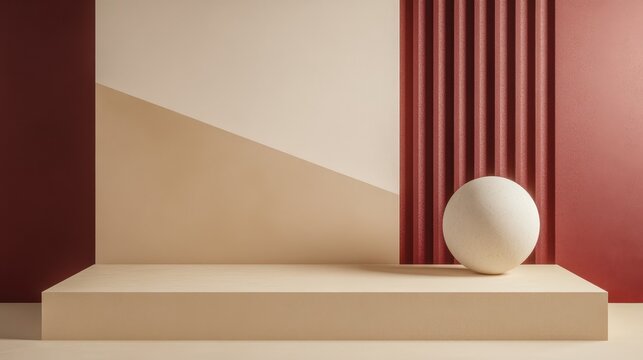 A sleek and minimal product studio setup featuring a geometrical rectangular podium in light maroon and dark beige colors.