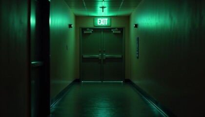 Eerie Emergency Exit in Industrial Style with Green Illumination for Safety Guidance