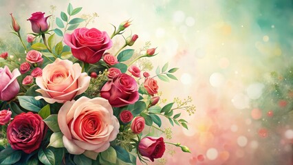 Naklejka premium Floral bouquet with red roses and pink flowers against a soft pastel background illustration