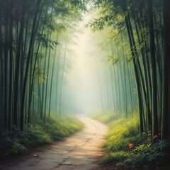 Naklejka premium Path Through a Misty Bamboo Forest with Sunlight Filtering Through