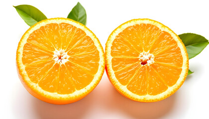 Fototapeta premium A close-up of a whole orange with two juicy slices arranged beside it. The image captures the rich, natural texture of the orange peel and the vibrant, translucent flesh of the slices. Green leaves ad