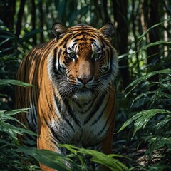 Fototapeta premium Majestic Tiger in Lush Jungle wild jungle Siberian tiger wildlife Bengal feline Asian tiger A tiger emerging from the dense undergrowth, its fur glistening with morning dew.