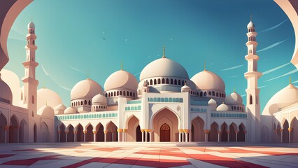 Fototapeta premium Stunning vector illustration of a grand mosque courtyard, showcasing intricate architectural details under a clear blue sky.