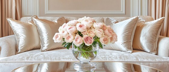 Elegant pink roses in glass vase on reflective table with beige sofa and pillows in background
