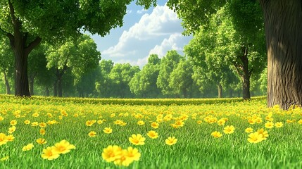 In the green grass, there is an endless sea of yellow flowers in full bloom. The grassland underfoot exudes a fresh and natural beauty. In front of it stand tall trees with lush leaves that 