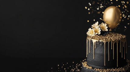 luxurious birthday celebration themed minimalist black cake with golden icing topped with flowers and balloon surrounded by sprinkles of gold on black background web banner size