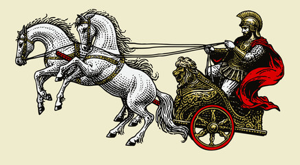 Roman warrior on an ancient war chariot drawn by two horses