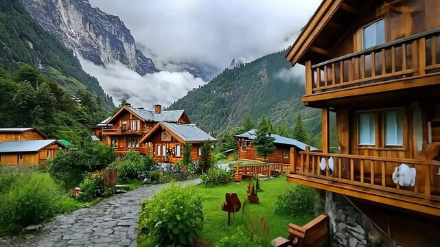 Wooden Cabins nestled in the Himalayan Mountains