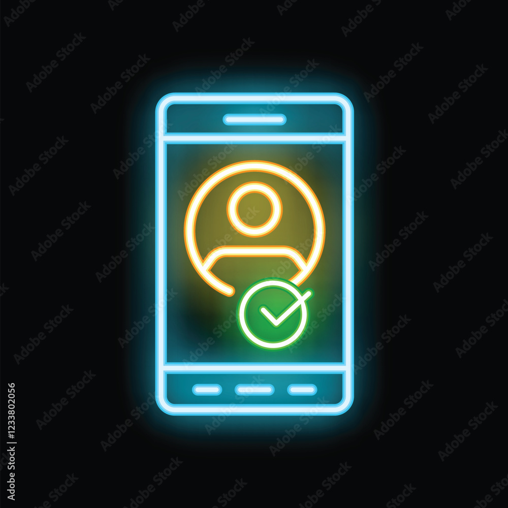 Poster glowing neon smartphone displaying a verified user profile icon against a black background