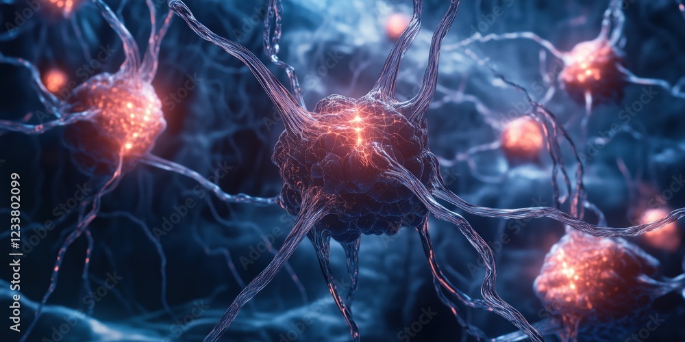 Poster neurons in intricate network showcasing synaptic connections and electrical impulses, vibrant colors