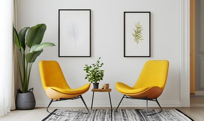Modern living room with two empty picture frames on the wall, in a mockup style, with soft daylight, neutral colors, high-resolution photography, high detail, and high quality. 
