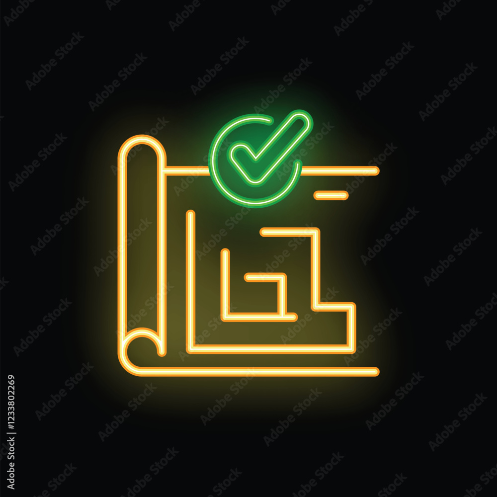Poster neon green check mark is hovering over a labyrinth on a blueprint, showing the solution to the probl