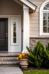 Elegant Home Exterior: Architectural Design and Landscaping.  Discover the beauty of this house's design, from its stonework to its inviting entrance and landscaping.