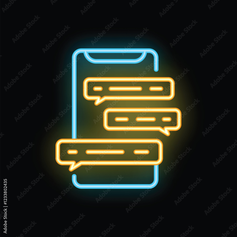 Poster neon sign of a smartphone displaying an instant messaging conversation with speech bubbles