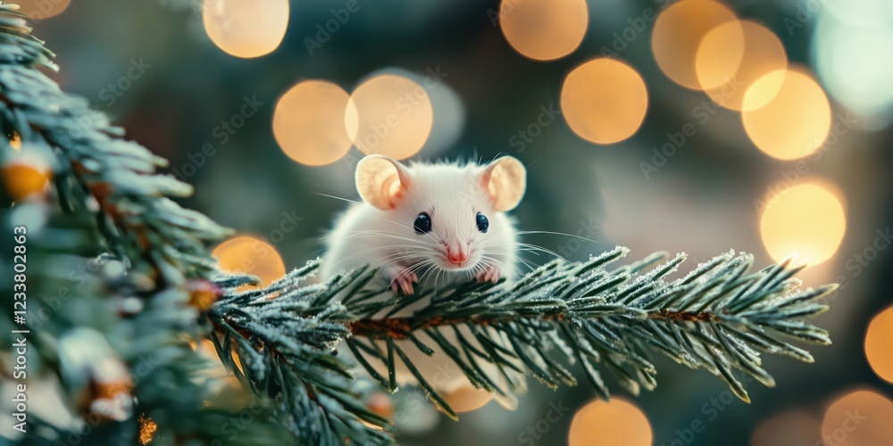 Poster white mouse perched on frosted pine branch surrounded by soft bokeh lights, capturing a whimsical ho
