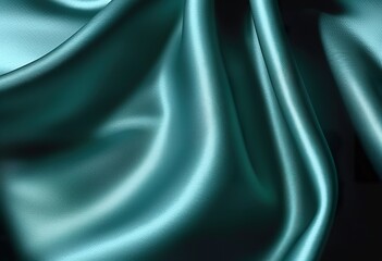 Closeup of teal silk fabric, showcasing its smooth, luxurious texture and elegant drape. Soft waves and folds create a visually appealing image.