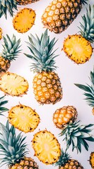 Fototapeta premium Several slices of pineapple flying in the air against a white background, high-resolution photography. 
