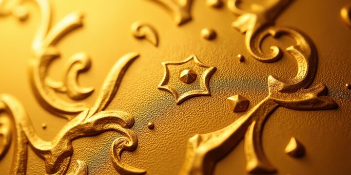 A close-up of gleaming gold with ornate patterns; the radiant shine reflects warm, welcoming light on its intricate designs