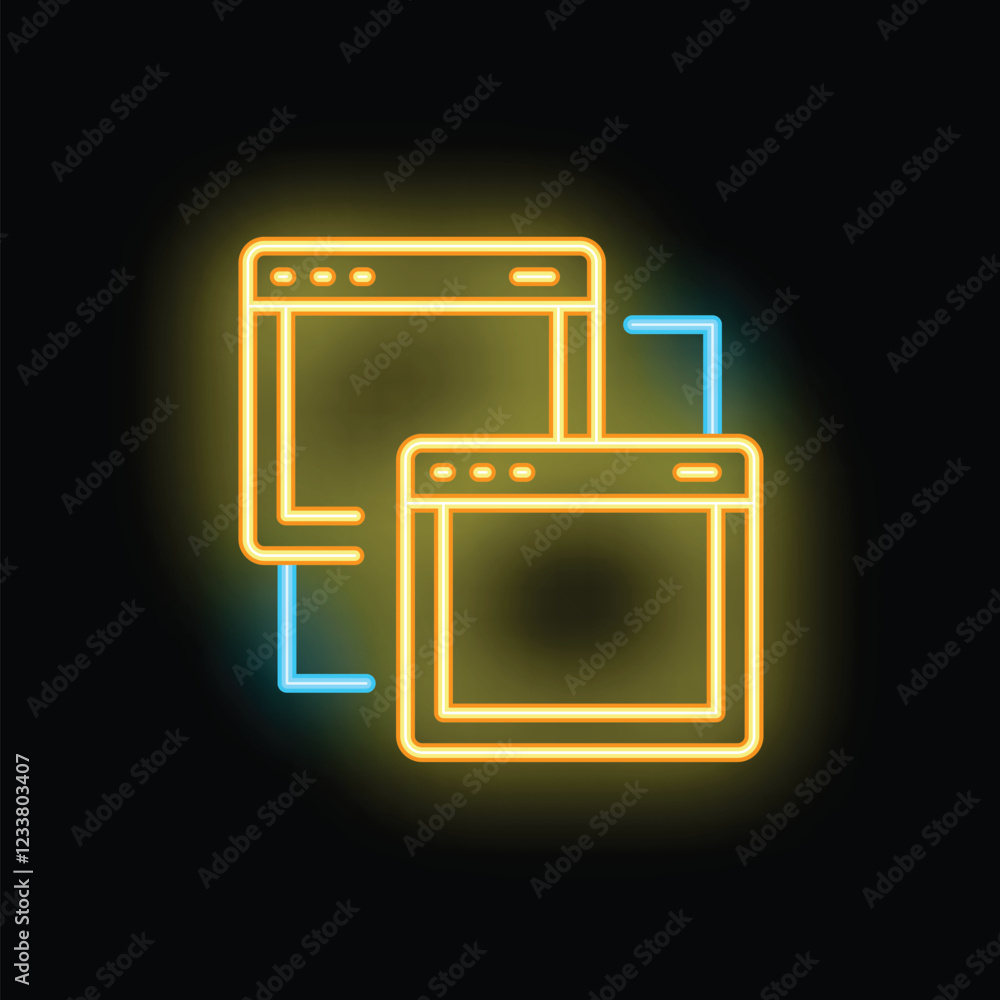 Poster neon icon of two computer windows connected representing network connection, data transfer, or onlin